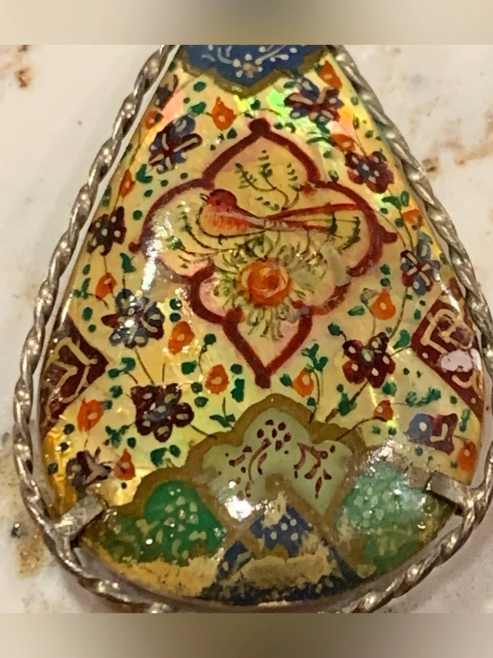 Vintage Hand-Painted Teardrop Pendant Necklace Reversible Bird Floral Horseback